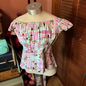 Pinup Couture tiki Pink and Blue Off-Shoulder Blouse